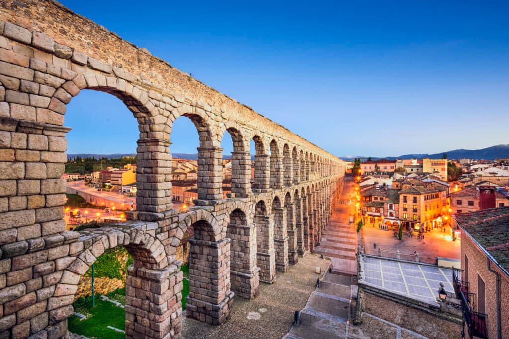  View of Segovia Spain with aqueduct, cathedral, and old town streets