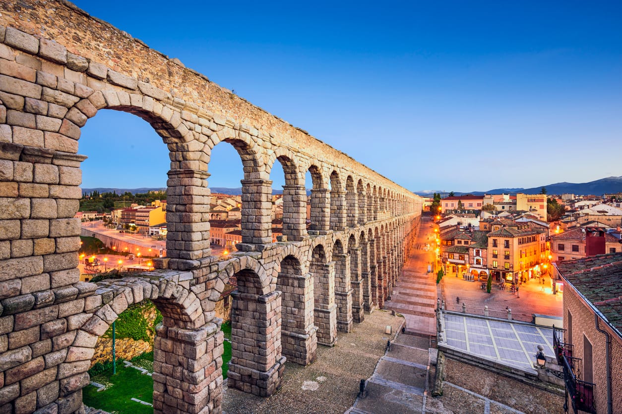 View of Segovia Spain with aqueduct, cathedral, and old town streets