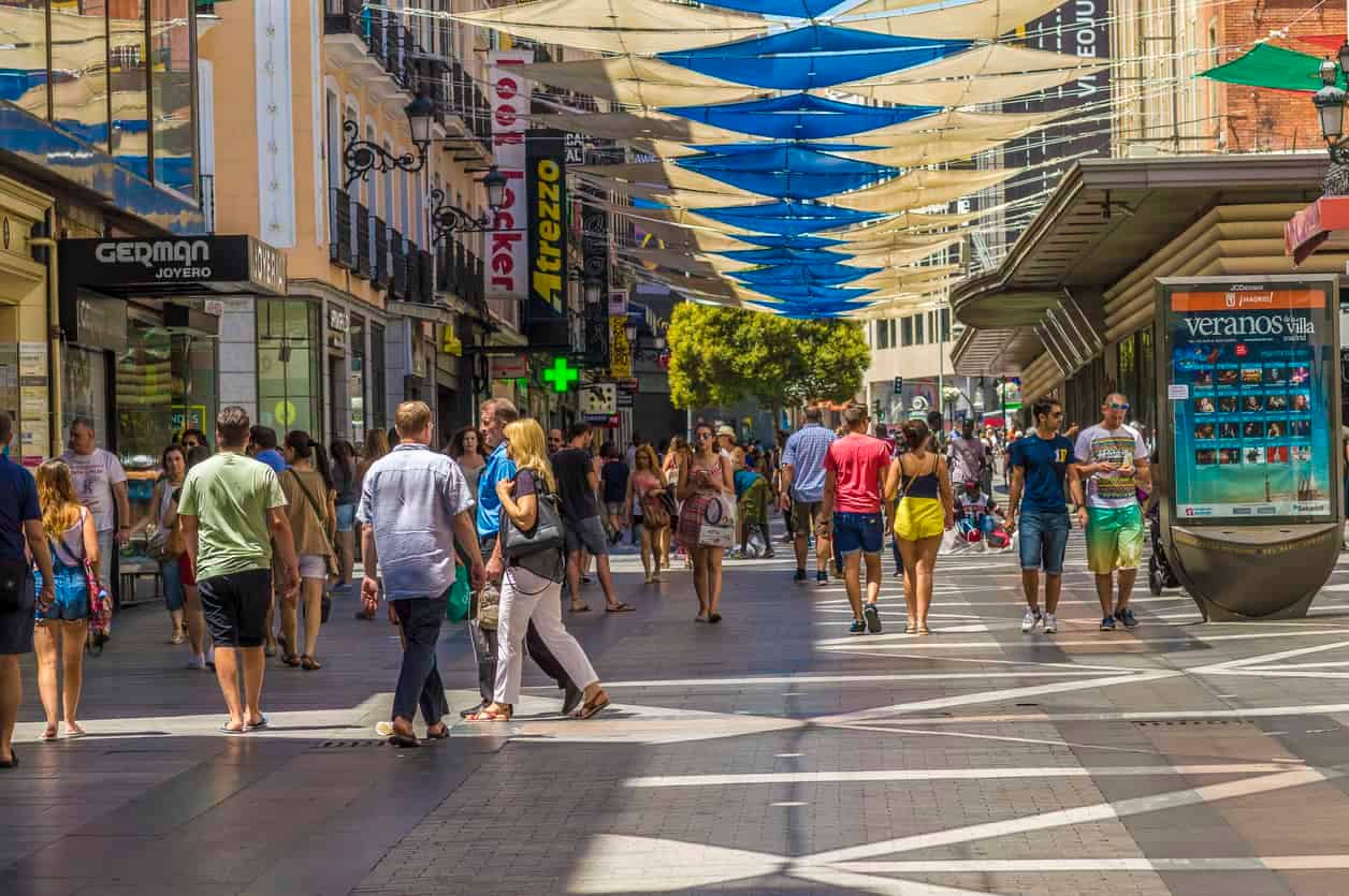 Madrid, Spain - People shopping at one of the busiest streets of Madrid - Madrid in the summer