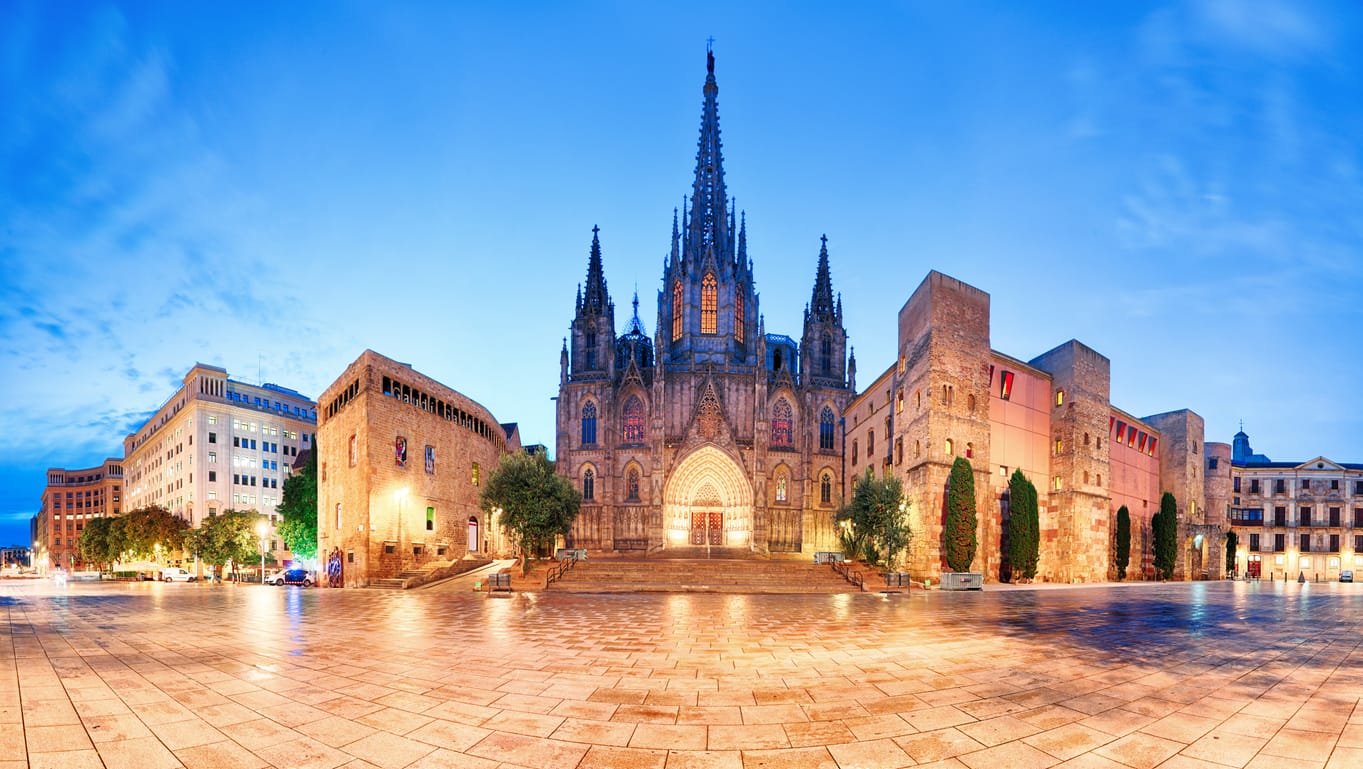 Cathedral of Barcelona, Gothic city at night, panorama in Barcelona Spain Gothic Quarter