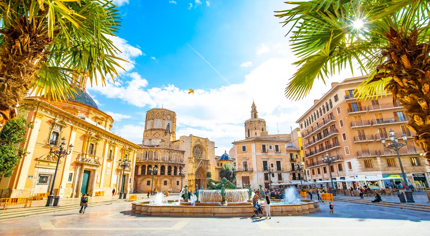 Valencia, Spain - 4 March, 2020: Panoramic view of Plaza de la Virgen (Square of Virgin Saint Mary) and old town. Spend 24 hours in Valencia